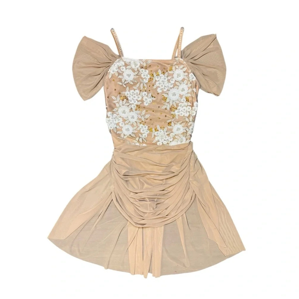 Glamour Dancewear | Tan Lyrical Dance Costume Dress with Floral Accent, Size SA - Picture 2 of 5